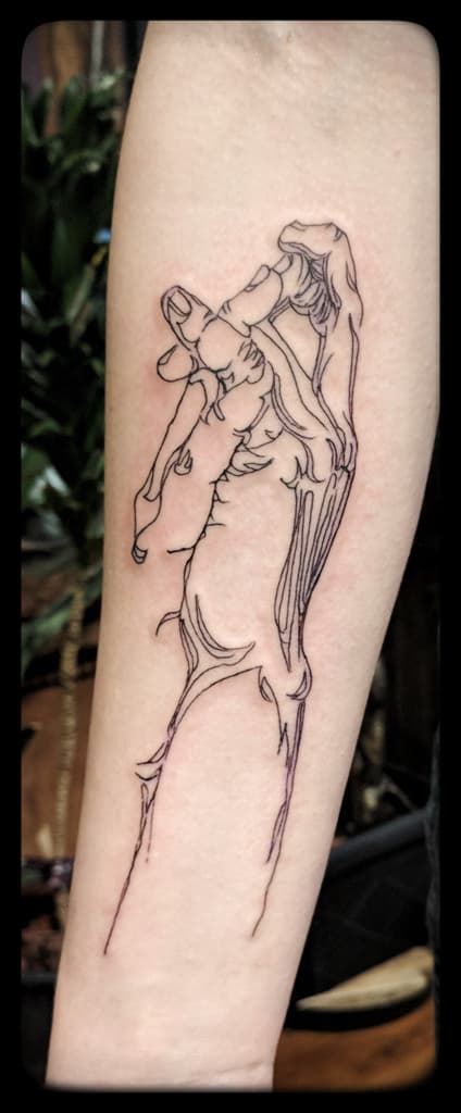 Bony reaching hand drawn in fine black outline only, linework on the forearm