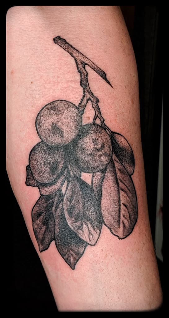 Cluster of round fruit hanging from a twig with leaves, black and grey dotwork on the forearm