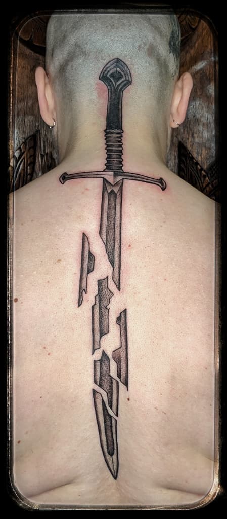 Sword with its blade broken into pieces, running from the nape down the spine, black and grey