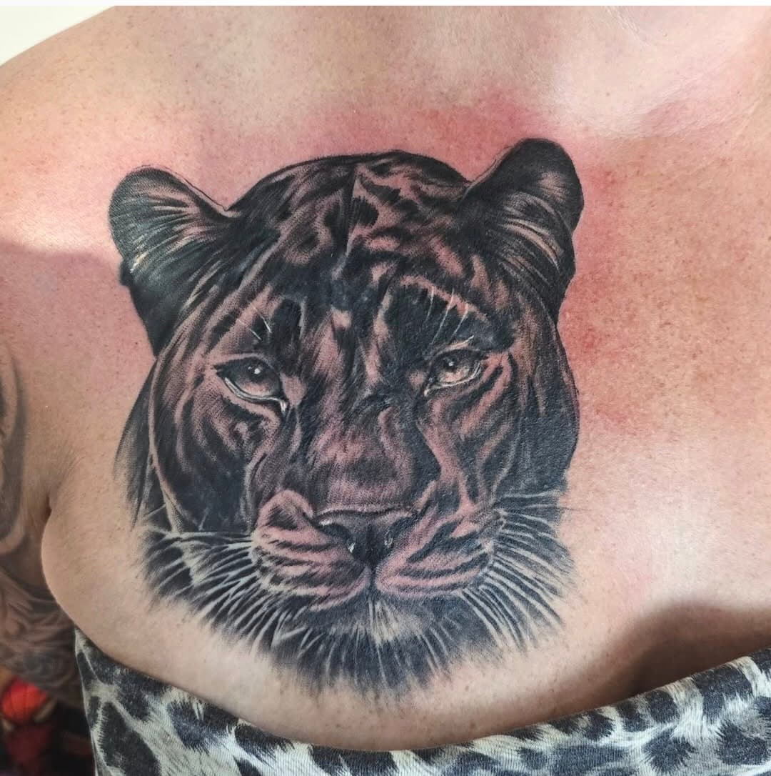 Tiger portrait in the centre of the chest, black and grey